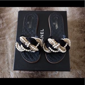 Auth Chanel Coco Pearl Cord Sandal Mules 38/7-7.5